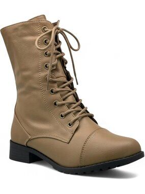 Women's Taupe  Lace up Round Toe Low Heel Combat Boots